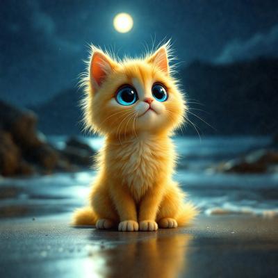 The primary subject of the image is a small, cute, and fluffy orange kitten. The kitten is sitting on a beach, looking at the camera with a curious expression. The setting is a beach environment, with the ocean visible in the background. The visual style of the image is a digital art or illustration, giving the kitten a whimsical and adorable appearance. The dominant colors in the image are orange and blue, creating a warm and inviting atmosphere.